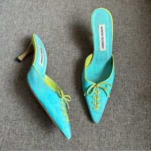 Vintage Manolo Blahnik turquoise & green stain pinstripe heels with bow